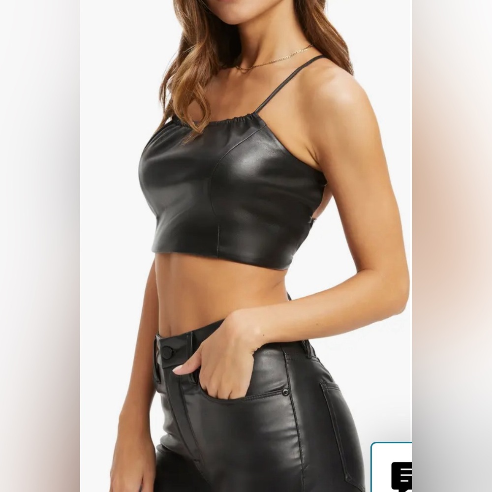 NWT Good American Vacay Strappy Faux Leather Tank in Black001